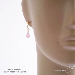 Boucles d'oreilles quartz rose, pendantes, délicates, création by Alicia