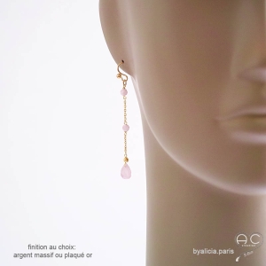 quartz rose boucles d'oreilles femme, artisanales, pendantes, longues, fines