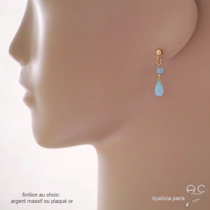 Boucles d'oreilles calcédoine bleue, pendantes, délicates, création by Alicia