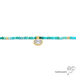 Collier fin plaqué or, turquoise véritable et petit brillant, ras du cou créateur femme turquoise