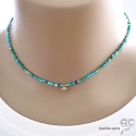 Collier fin turquoise véritable et zirconium brillant, plaqué or, ras de cou, fait main, création by Alicia