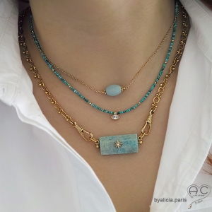 pierre turquoise véritable, collier femme artisanal sur mesure, ras du cou femme fait en France