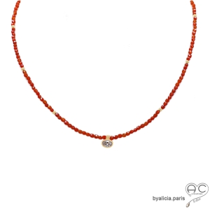 ras de cou femme cornaline et plaqué or, collier trés fin femme pierre naturelle orange