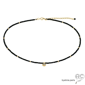 ras du cou noir femme en spinelle noire et plaqué or, collier femme pierre noire artisanal