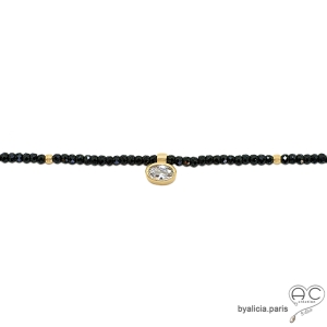 pierre spinelle noire et petit brillent ras du cou fin femme, collier noir artisanal fait en France