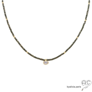 ras de cou femme fin pyrite et  brillant, collier femme pierres naturelles et plaqué or