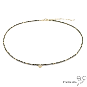 pyrite collier ras du cou femme minimaliste, pierre naturelle et or