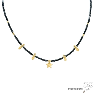 Ras de cou femme spinelle noire avec étoile et pampilles en plaqué or, collier artisanal pierre naturelle noire