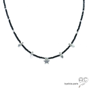 ras de cou spinelle noire avec étoile et pampilles en argent massif, collier pierre naturelle noire