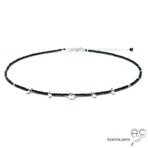 collier noir femme, spinelle noire étoile et pampilles argent, ras du cou noir artisanal