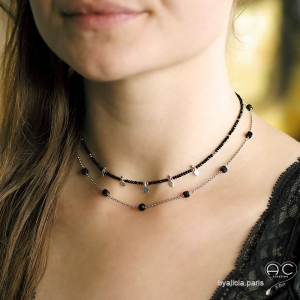 collier créateur fait en France ras du cou noire argent, spinelle noire et pampilles argent