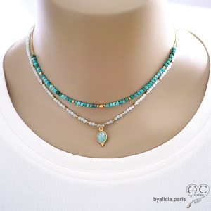 bijoux femme ras de cou sur mesure en pierres semi-précieuses bleu-vert turquoise, collier créateur