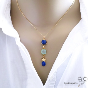 Collier, pendentif lapis-lazuli et calcédoine, étoile, plaqué or, fait main, création by Alicia