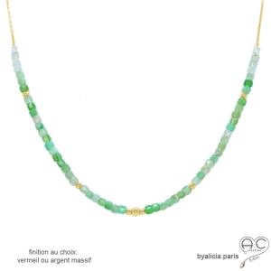 Ras du cou vert femme fin chrysoprase véritable sur une chaîne en vermeil, collier vert fait main en France