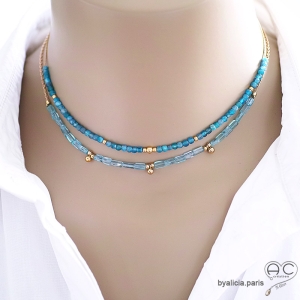 collier ras du cou bleu pierre topaz bleue or délicat raffiné femme