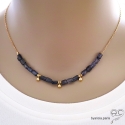 Collier saphir d\'eau (iolite), pampilles plaqué or, pierre semi-précieuse bleue, fait man, création by Alicia