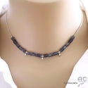 Collier saphir d\'eau (iolite), pampilles argent massif, pierre semi-précieuse bleue, fait man, création by Alicia