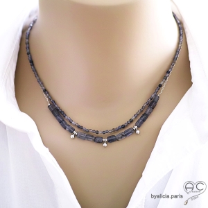 bijoux créateur pierres bleues collier ras du cou iolite saphir d'eau argent artisanal raffiné fait en France