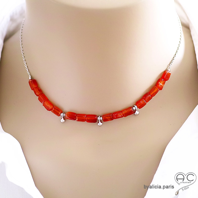 Collier femme cornaline, pampilles argent massif, pierre semi-précieuse orange, fait man, création by Alicia