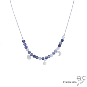 ras de cou bleu femme iolite saphir d'eau, pampilles étoile et lune argent massif artisanal fait main en France