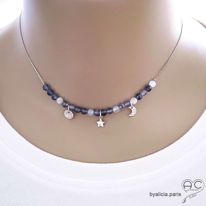 Collier bleu femme iolite saphir d'eau, pampilles étoile et lune argent massif fait main création by Alicia