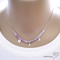 Collier améthyste lavande cube, pampilles étoile et lune, argent massif, fait main, création by Alicia