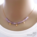 Collier améthyste lavande cube, pampilles étoile et lune, plaqué or, fait main, création by Alicia