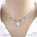 Collier aigue-marine goutte, chaîne plaqué or ou argent massif, fait man, création by Alicia