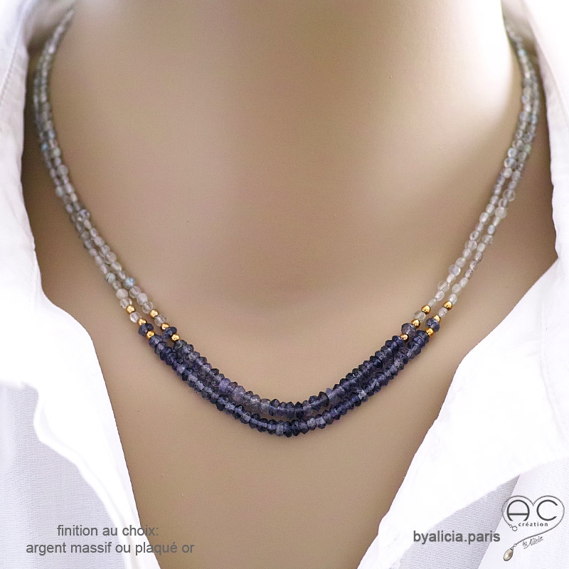 Collier double rang iolite saphir d'eau et labradorite, pierre semi-précieuse, plaqué or ou argent massif