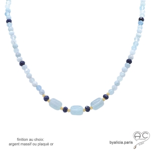 pierre aigue-marine argent or collier ras de cou bleu femme fait sur-mesure en France