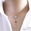 Collier cravate aigue marine et saphir d\'eau, plaqué or 3MIC, pierre naturelle, long, création by Alicia