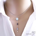 Collier cravate aigue marine et saphir d\'eau, argent massif, pierre naturelle, long, création by Alicia