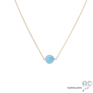 pierre aigue marine or ras du cou  bleu femme minimaliste collier pierre naturelle bleue artisanal