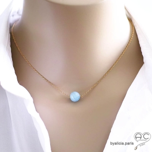 Collier bleu femme aigue marine plaqué or 3MIC pierre naturelle bleue ras de cou minimaliste création by Alicia