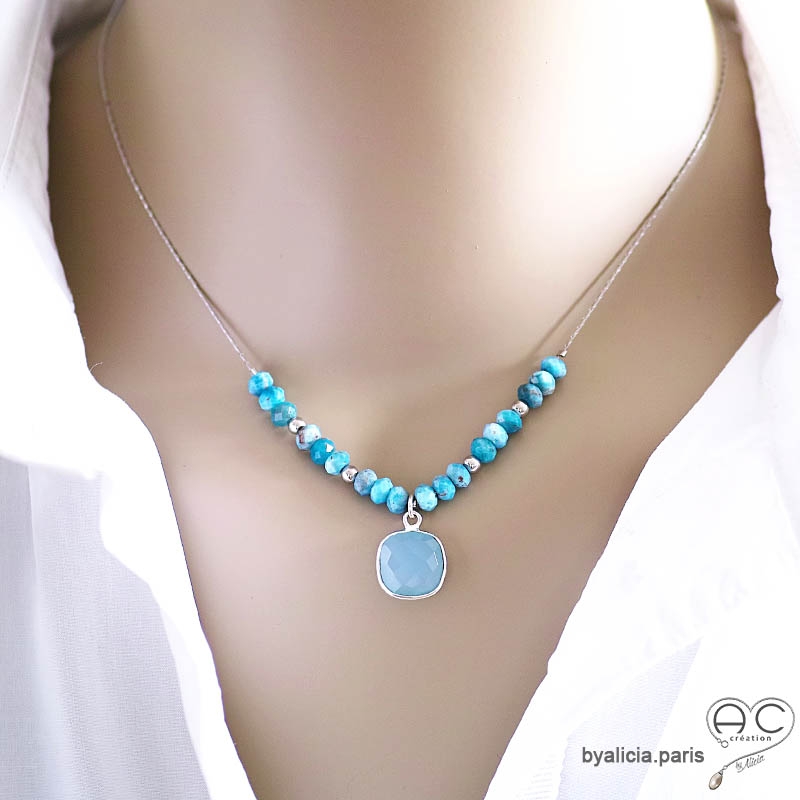 Collier femme calcédoine bleue et apatites sur une chaîne en argent massif ras de cou fait main création by Alicia