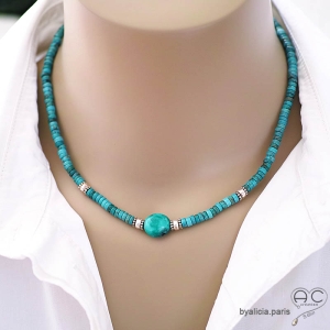 Collier femme turquoise reconstituée et argent ras de cou artisanal création by Alicia