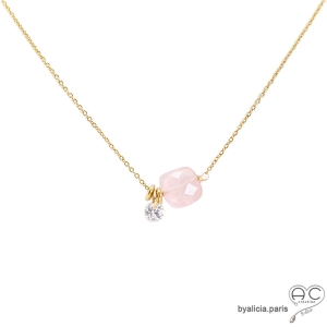 ras de cou femme quartz rose or et petit brillant collier discret délicat artisanal fait main en France