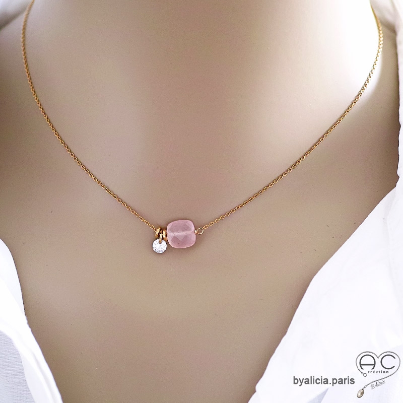 Collier fin ras de cou quartz rose et petit brillant en cristal sur une chaîne en plaqué or fait main création by Alicia