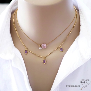 bijoux créateur pierre naturelle rose collier ras du cou quartz rose or fait sur-mesure en France