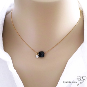 Collier noir femme pierre hypersthéne petit brillant chaîne plaqué or collier délicat pierre naturelle noire artisanal