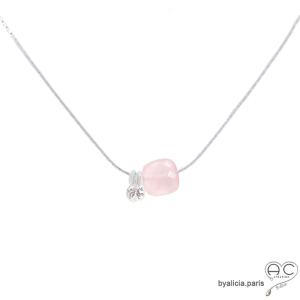 ras de cou rose femme pierre quartz rose petit brillant argent collier femme délicat raffiné artisanal fait en France