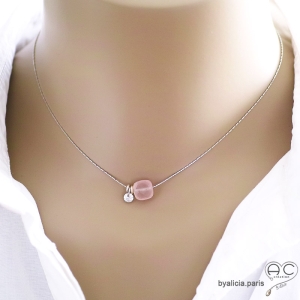 Collier fin quartz rose petit brillant argent massif rhodié ras du cou femme délicat raffiné pierre naturelle rose artisanal