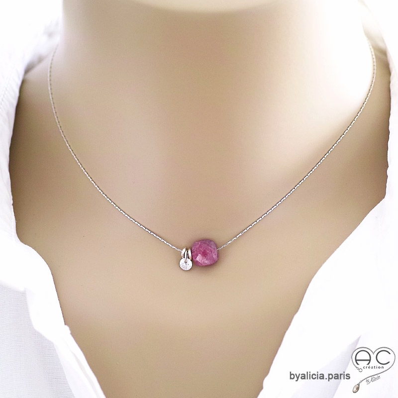 Collier fin rubis petit brillant chaîne argent massif rhodié ras de cou femme délicat minimaliste pierre précieuse rouge