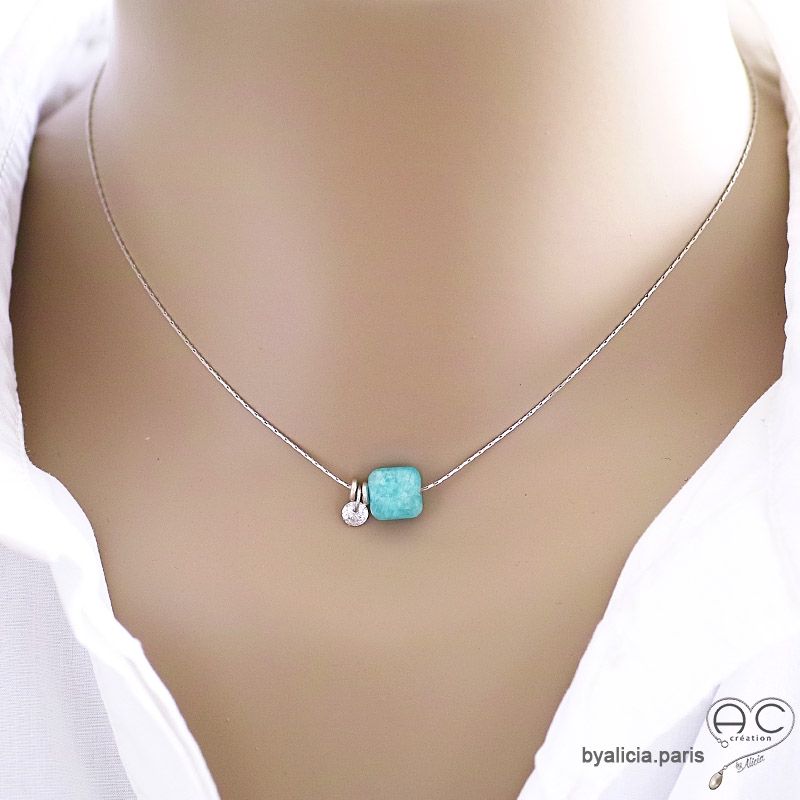 Collier fin amazonite petit brillant  chaîne argent massif rhodié ras du cou femme délicat pierre naturelle vert d'eau artisanal