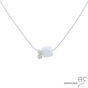 ras de cou blanc agate et petit brillant sur une chaîne en argent massif rhodié collier femme minimaliste fait main