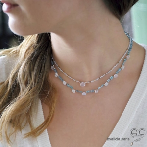 bijoux créateur artisanaux pierre semi-précieuse bleu-blanc ras du cou femme fabriqué à la main en France