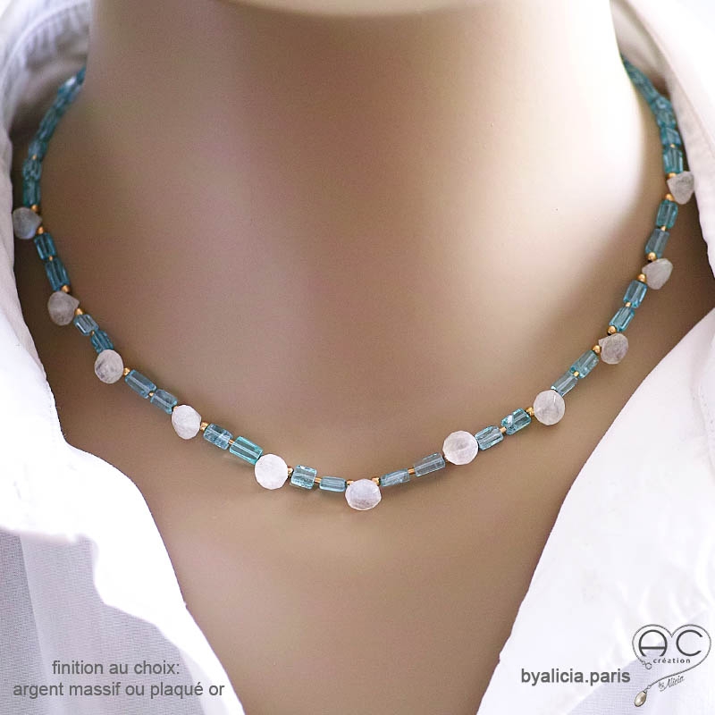 ras de cou blanc bleu femme pierre de lune topaz bleue collier pampilles gouttes artisanal fait sur-mesure en France