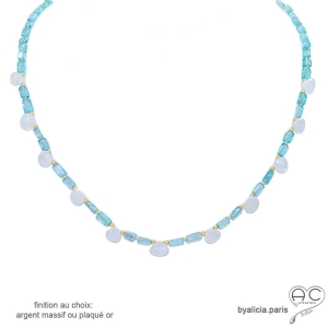 ras de cou femme topaze bleue pierre de lune collier blanc-bleu or argent artisanal fabriqué à la main sur-mesure en France