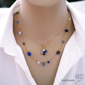 bijoux artisanaux créateur pierres naturelles bleues or collier ras de cou femme fabriqué à la main en France