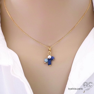 Pendentif bleu breloque lapis-lazuli plaqué or collier ras de cou gri-gri pierre semi-précieuse bleue artisanal